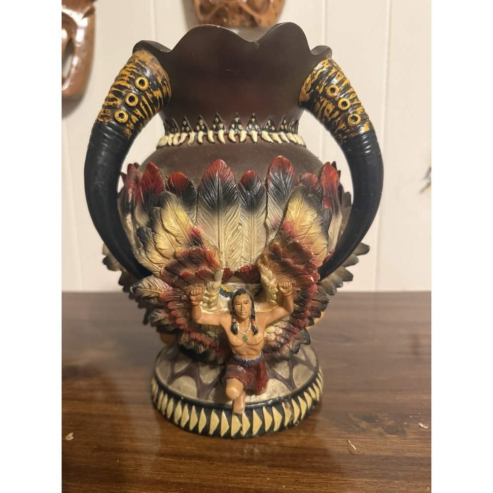 Vintage Native American WarriorDecorative Vase with BuffaloHorn Handles